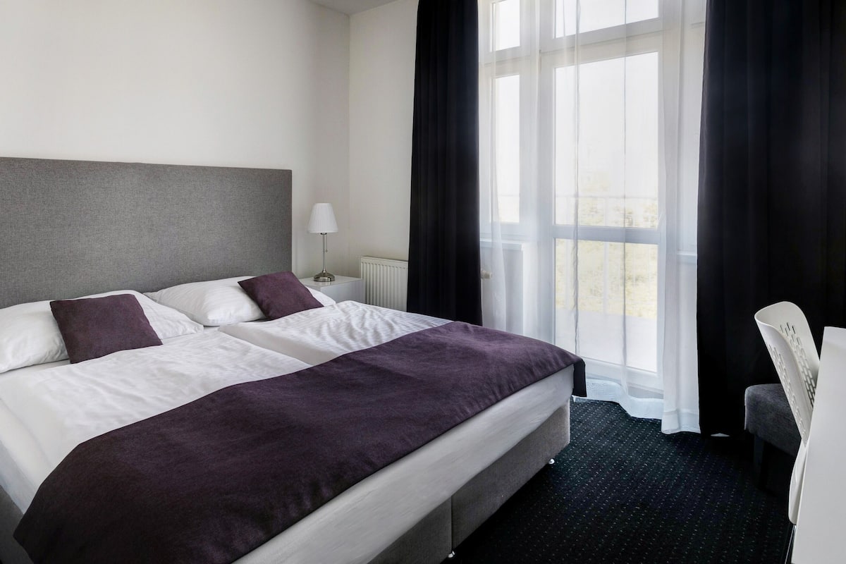 A hotel room with a large bed, two bedside tables, a lamp, and a view of the outdoors through a window with curtains.