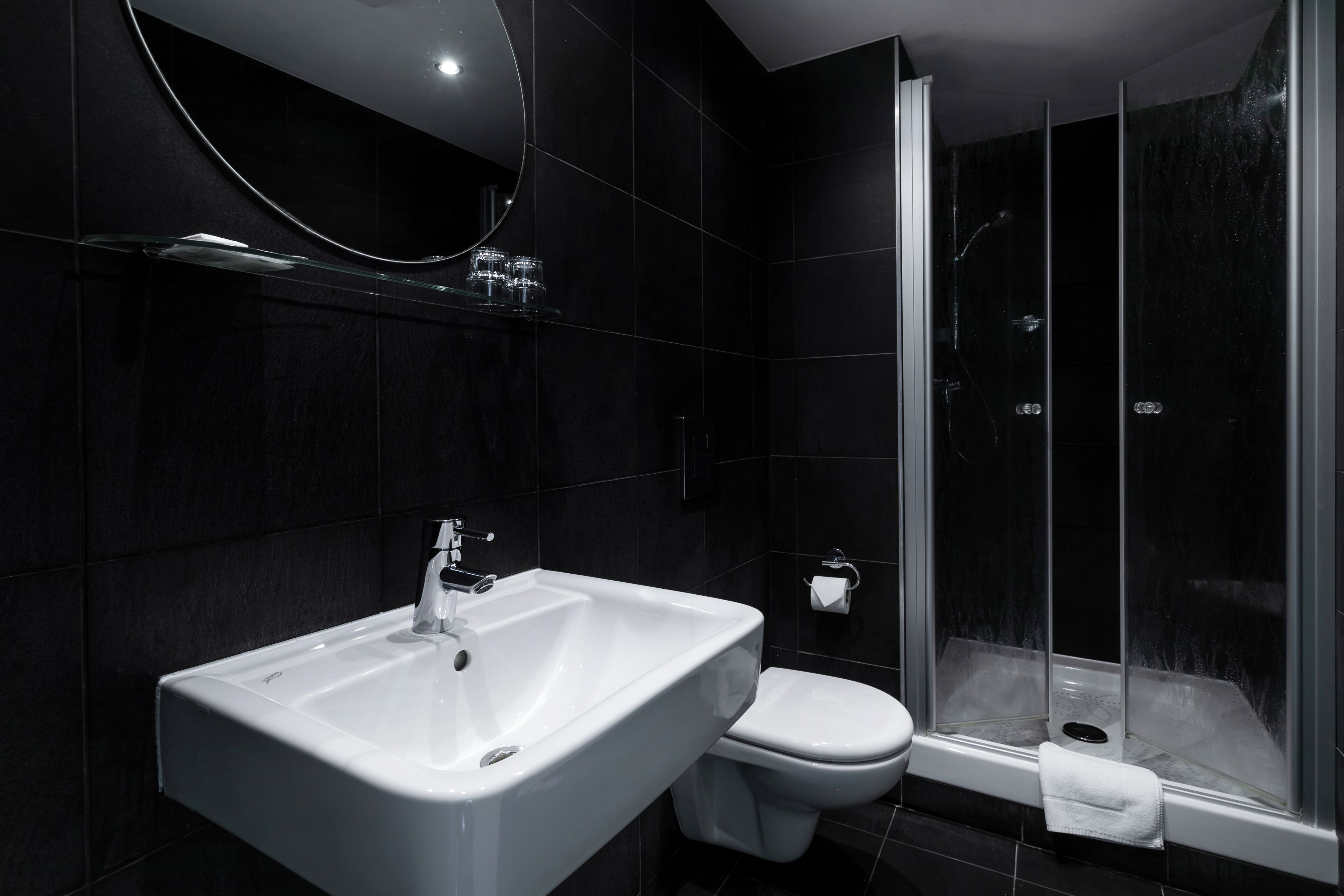 combined shower/bathtub, free toiletries, hair dryer, towels