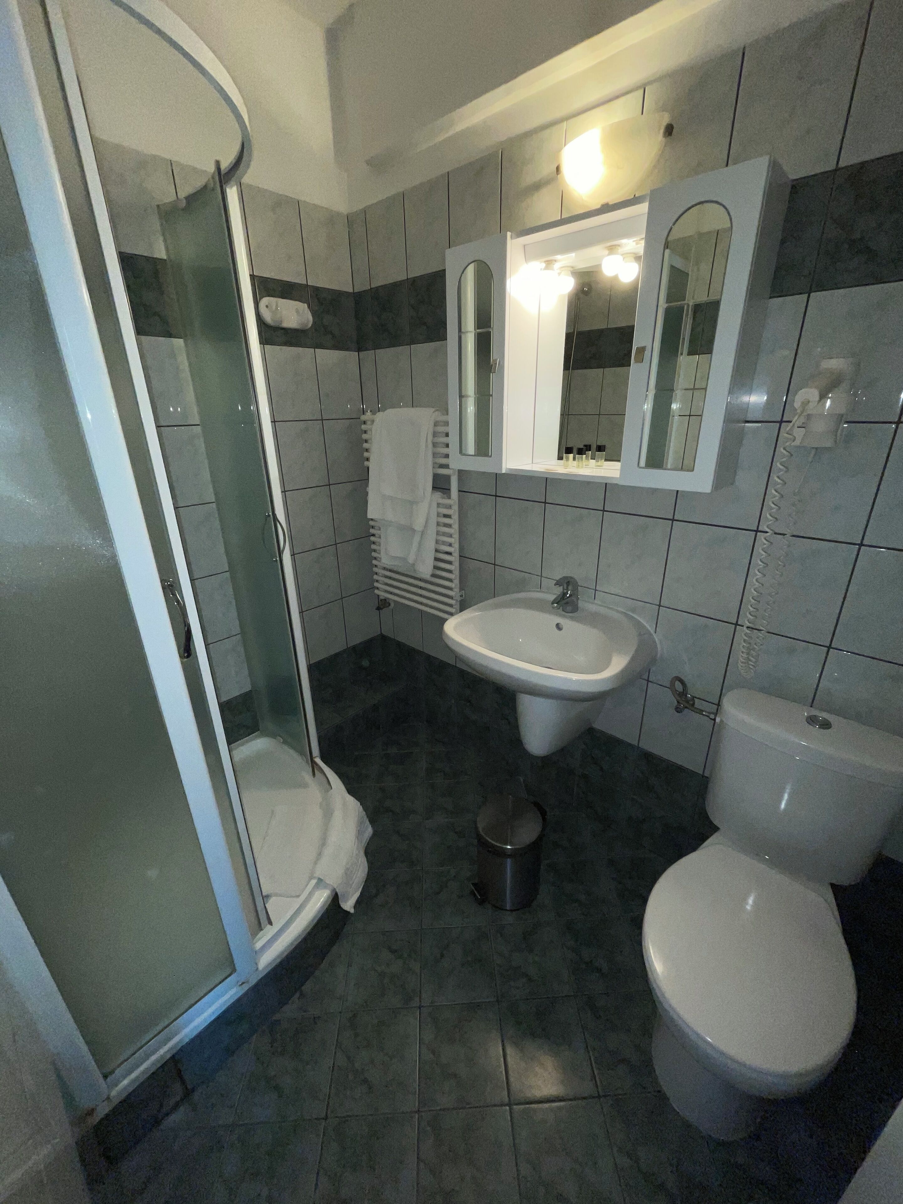 Un baño con ducha envuelta en vidrio, un lavabo, un inodoro y un espejo sobre el lavabo.