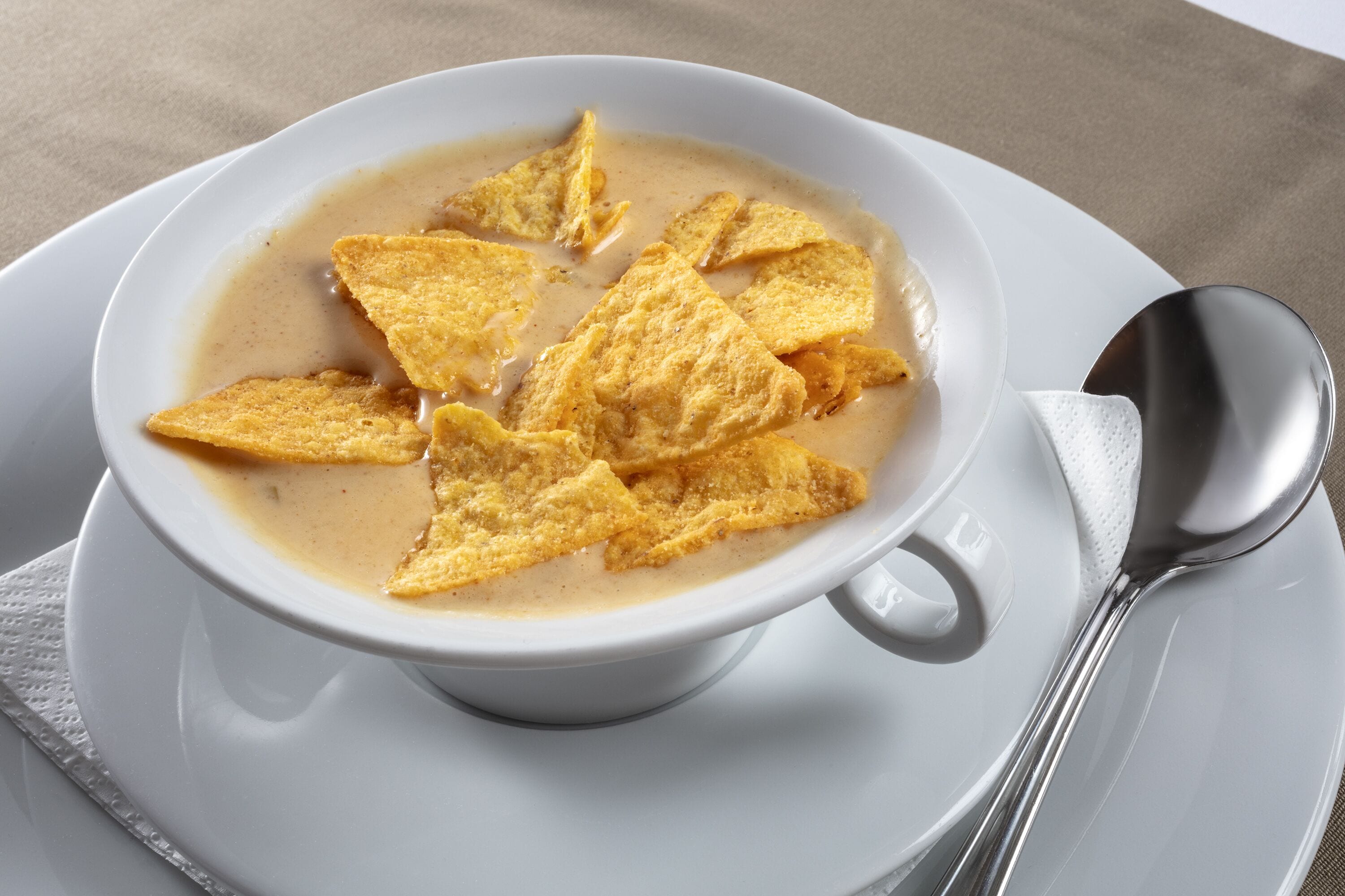 A bowl of soup with tortilla chips on a white plate with a spoon.