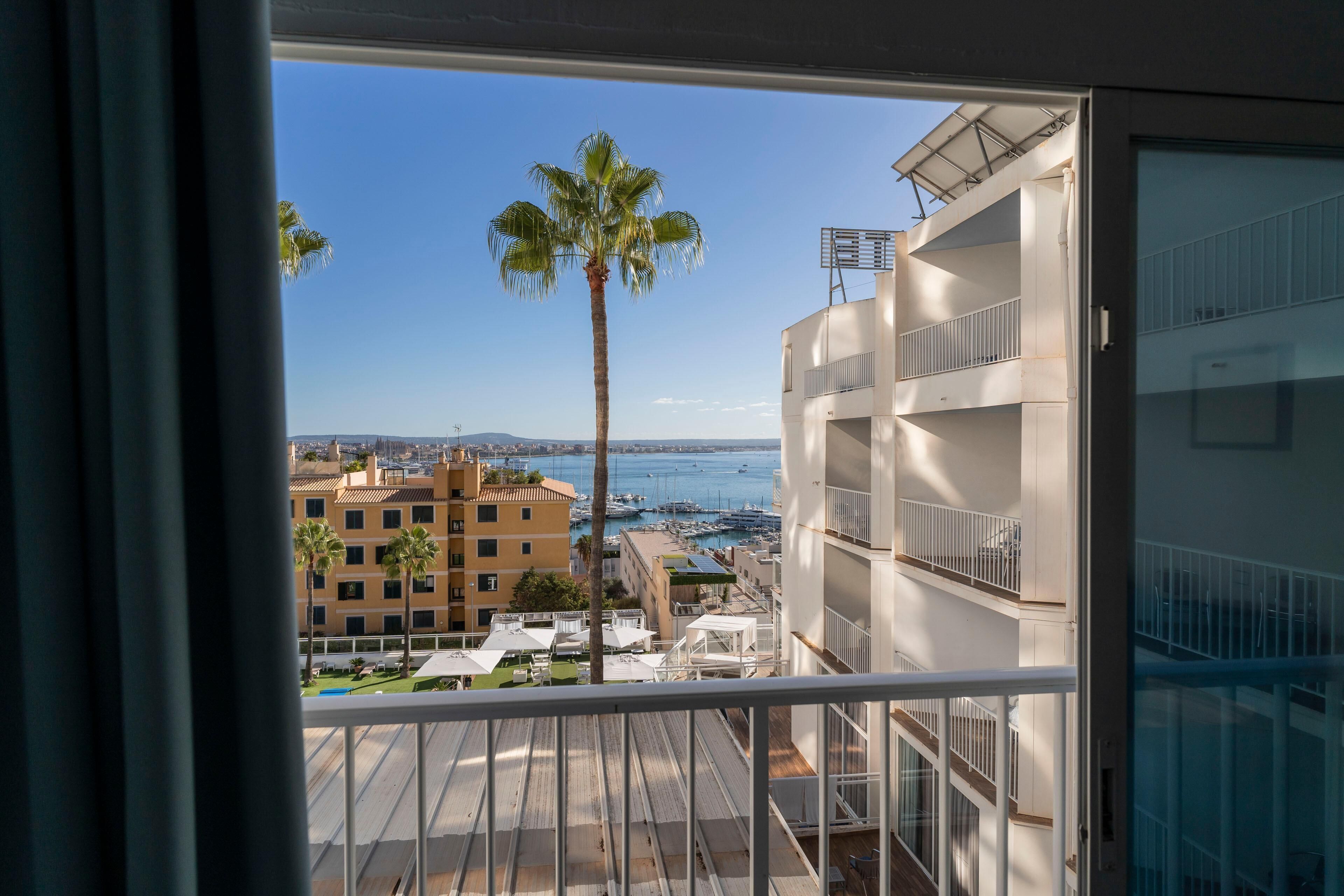 A balcony with a view of a marina, palm trees, and buildings.