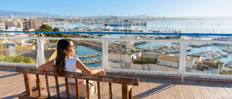 A wooden bench overlooking a marina with boats and buildings in the background.