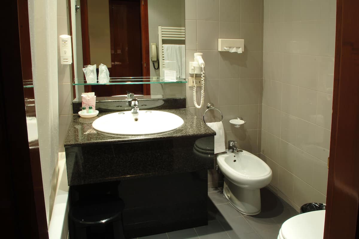 free toiletries, hair dryer, bidet, towels