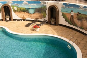 Seasonal outdoor pool, sun loungers