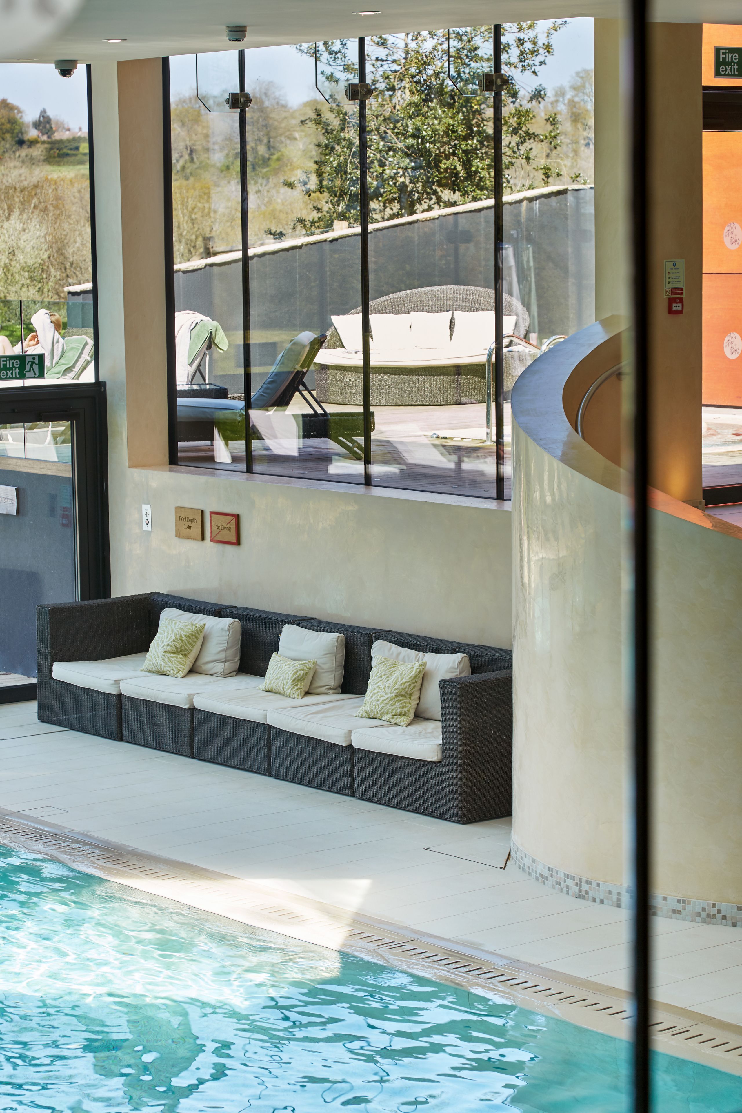 indoor pool, outdoor pool, pool loungers