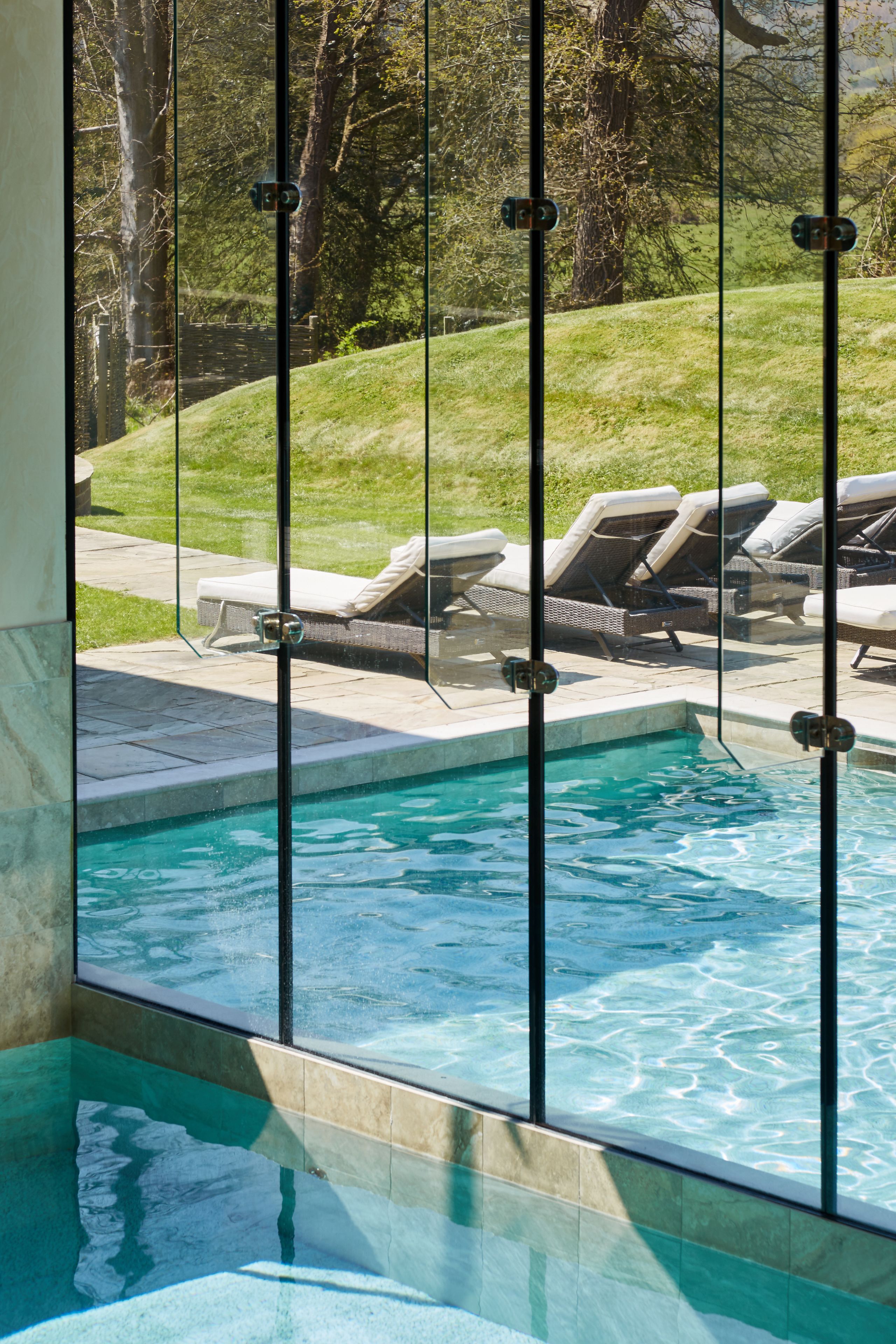Indoor pool, outdoor pool, pool loungers