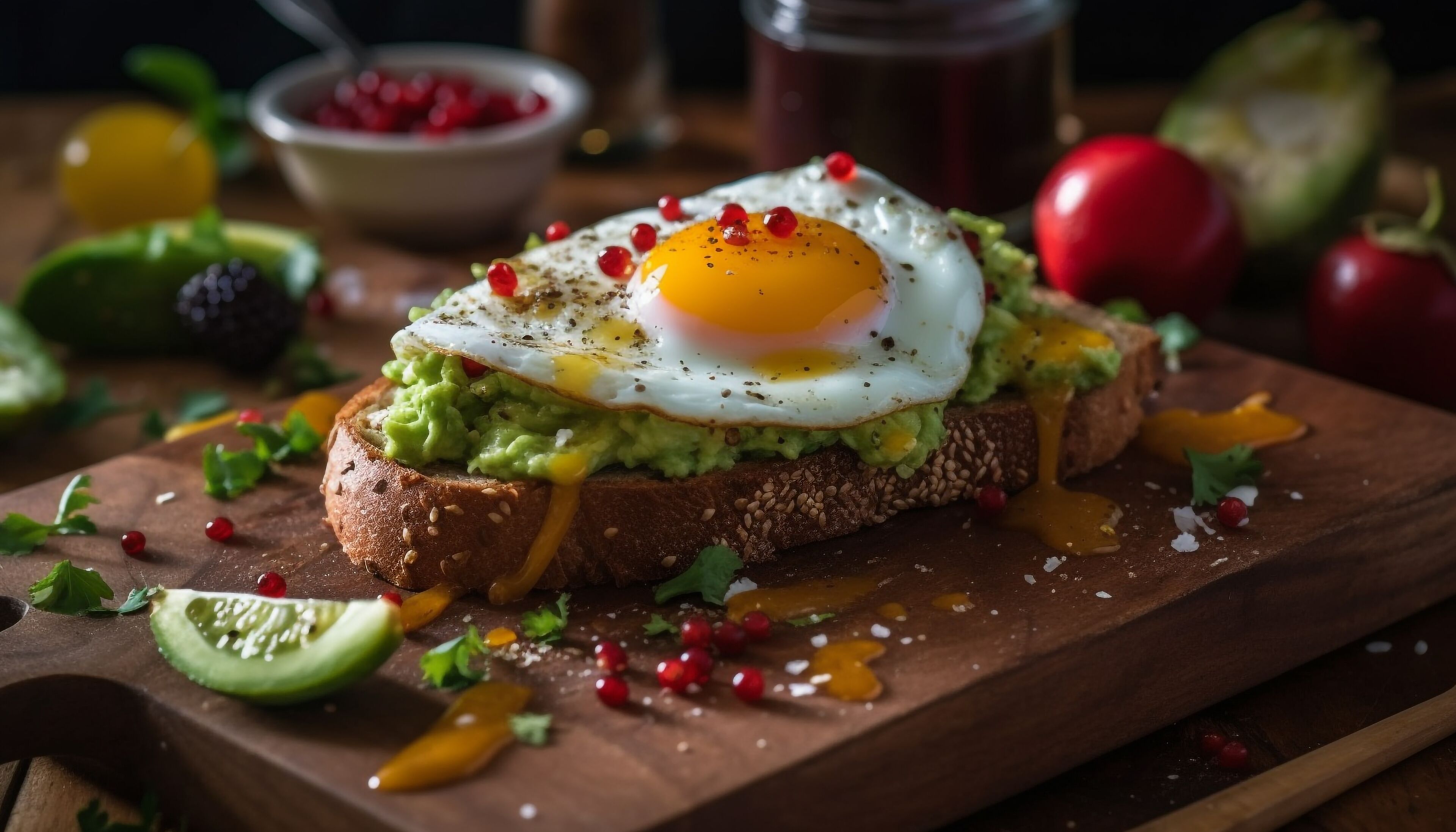 Een ontbijtje met avocado, ei en saus op een houten plank.