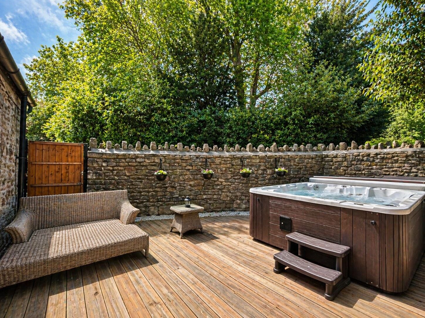 Eine Holzterrasse mit einer Korbschaukel, einem Whirlpool und Steinwänden.