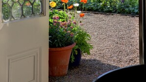 Una puerta con un panel de vidrio y un jardín con diversas flores y un seto al fondo.
