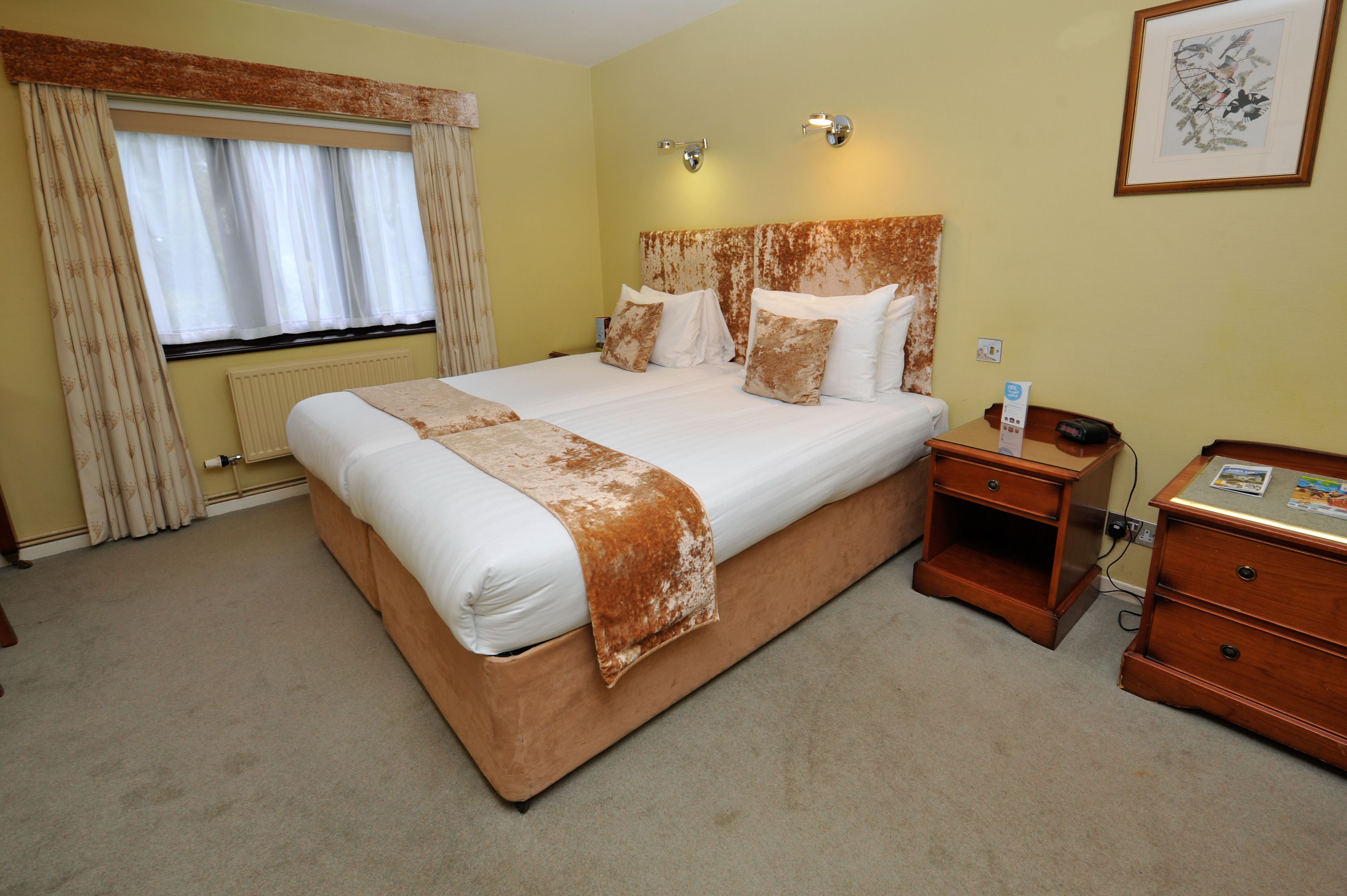 A neatly made bed with a brown headboard, a bedside table with a lamp, and a framed picture on the wall.