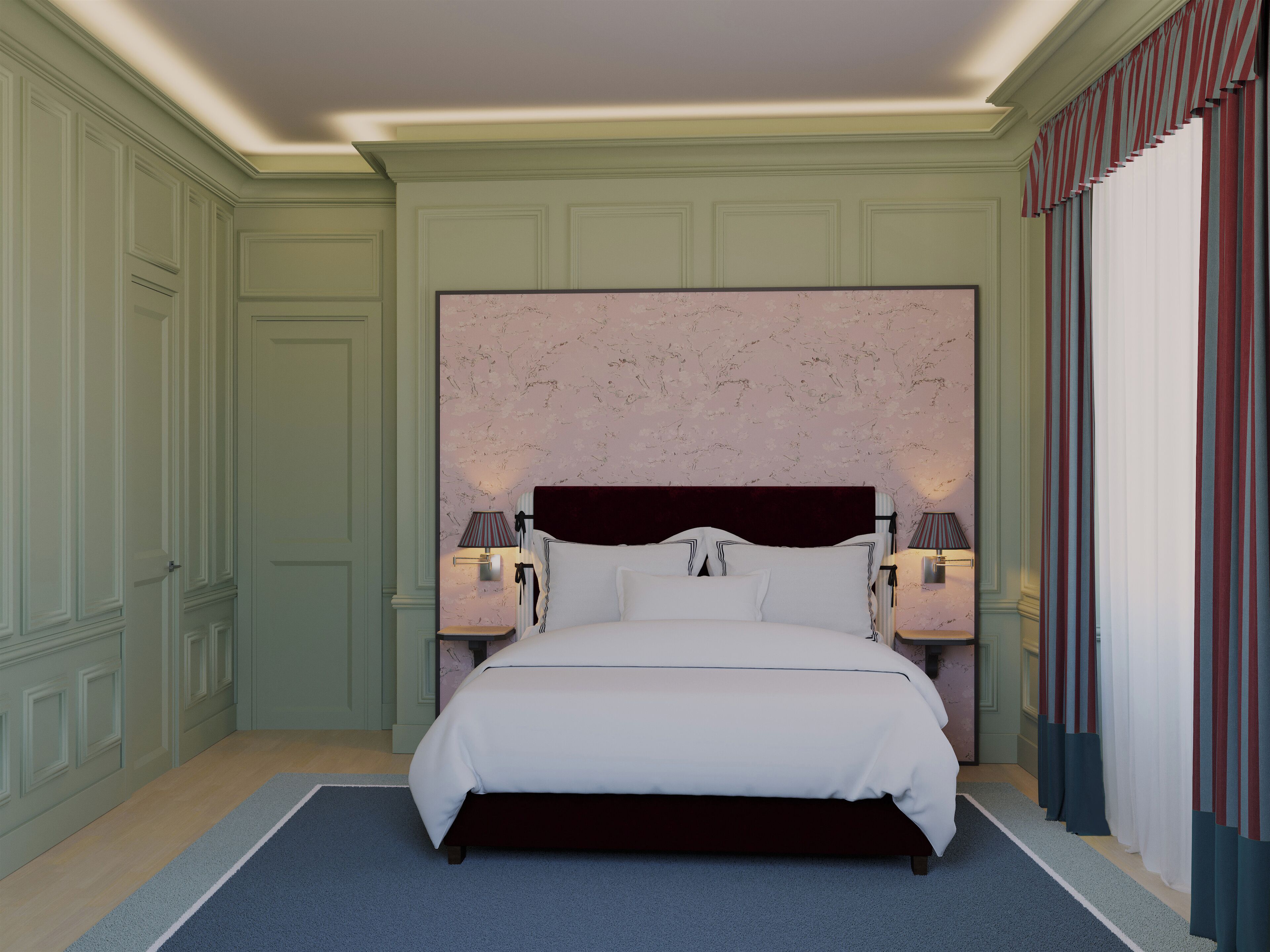 A large bed with a dark headboard, two bedside lamps, and a marble-patterned wall.