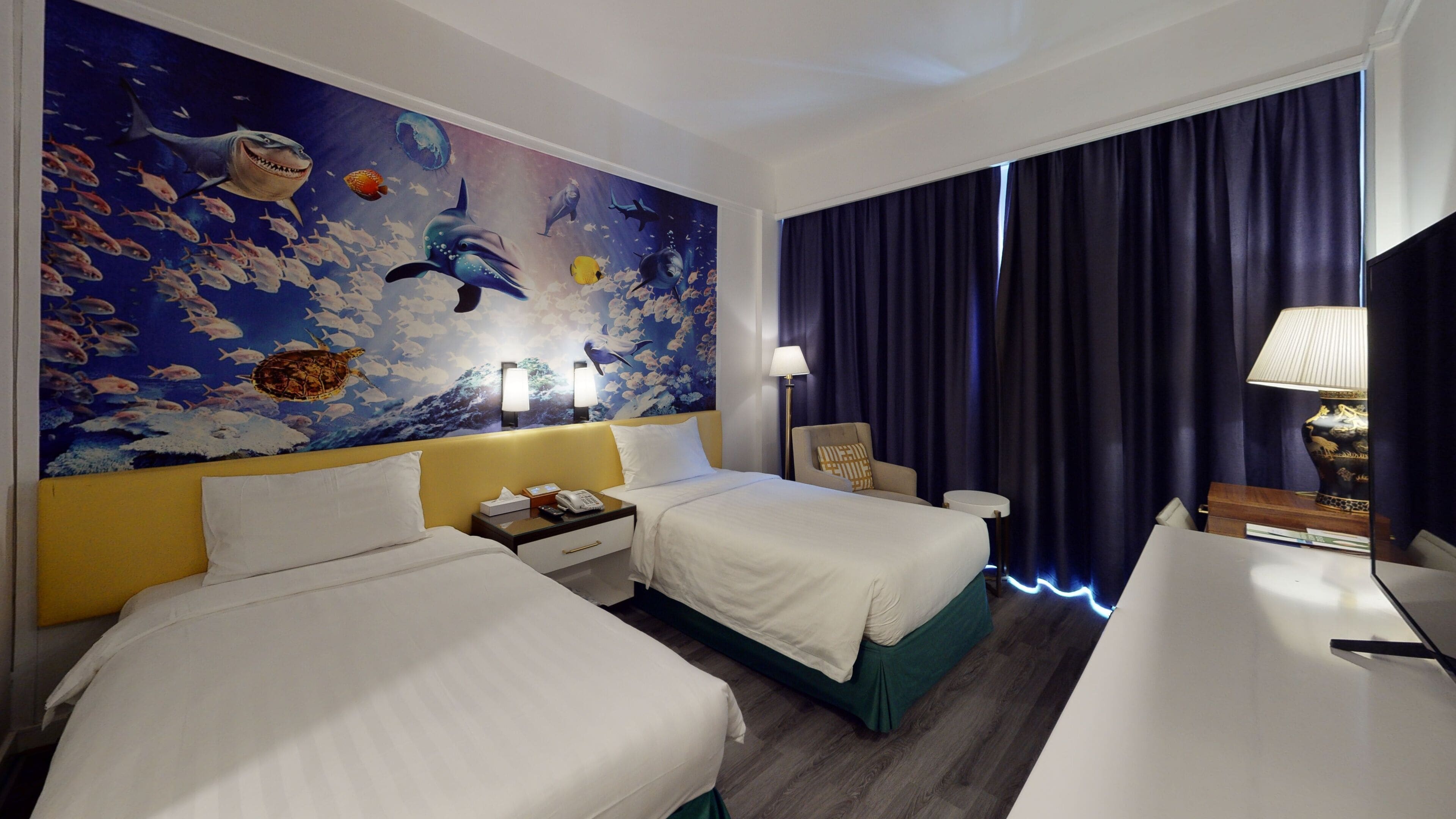 sea view twin room  | in-room safe, desk, iron/ironing board, free cots/infant beds