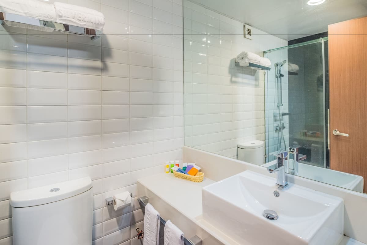 shower, hair dryer, slippers, towels