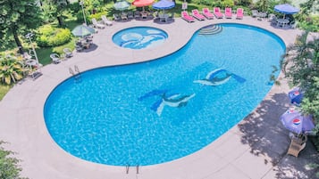Seasonal outdoor pool, pool umbrellas, pool loungers