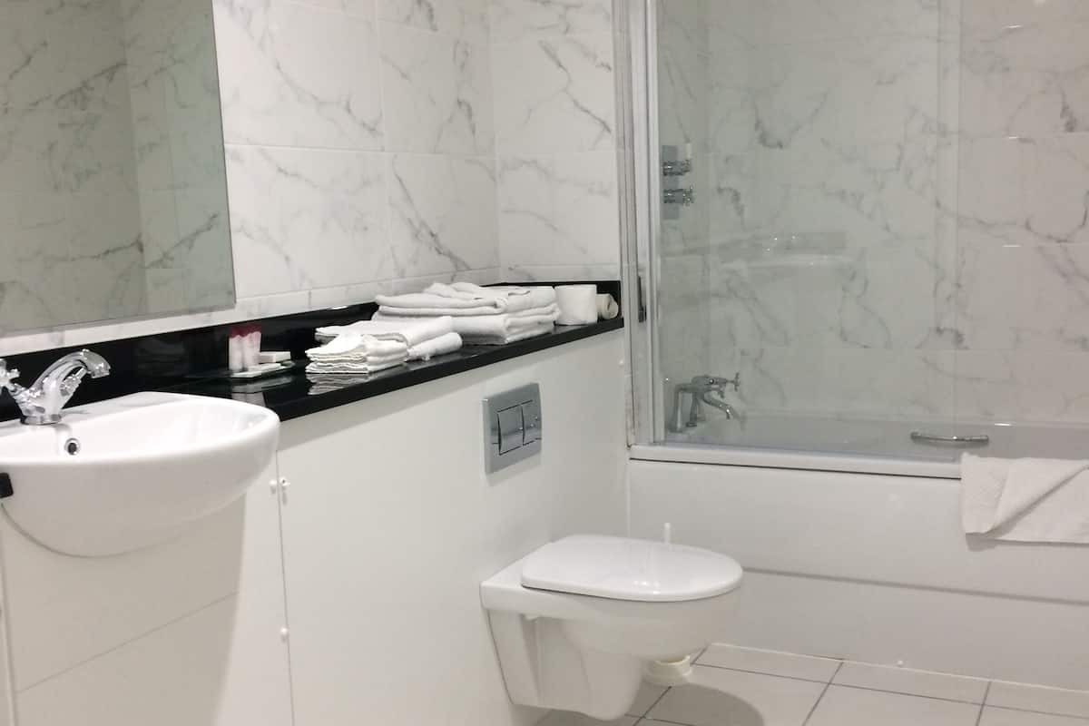 eco-friendly toiletries, hair dryer, towels