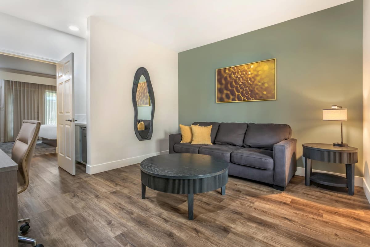 Suíte, 1 cama King e sofá-cama, acessível, para não fumantes | Edredons de pluma, escrivaninha, espaço de trabalho para notebook