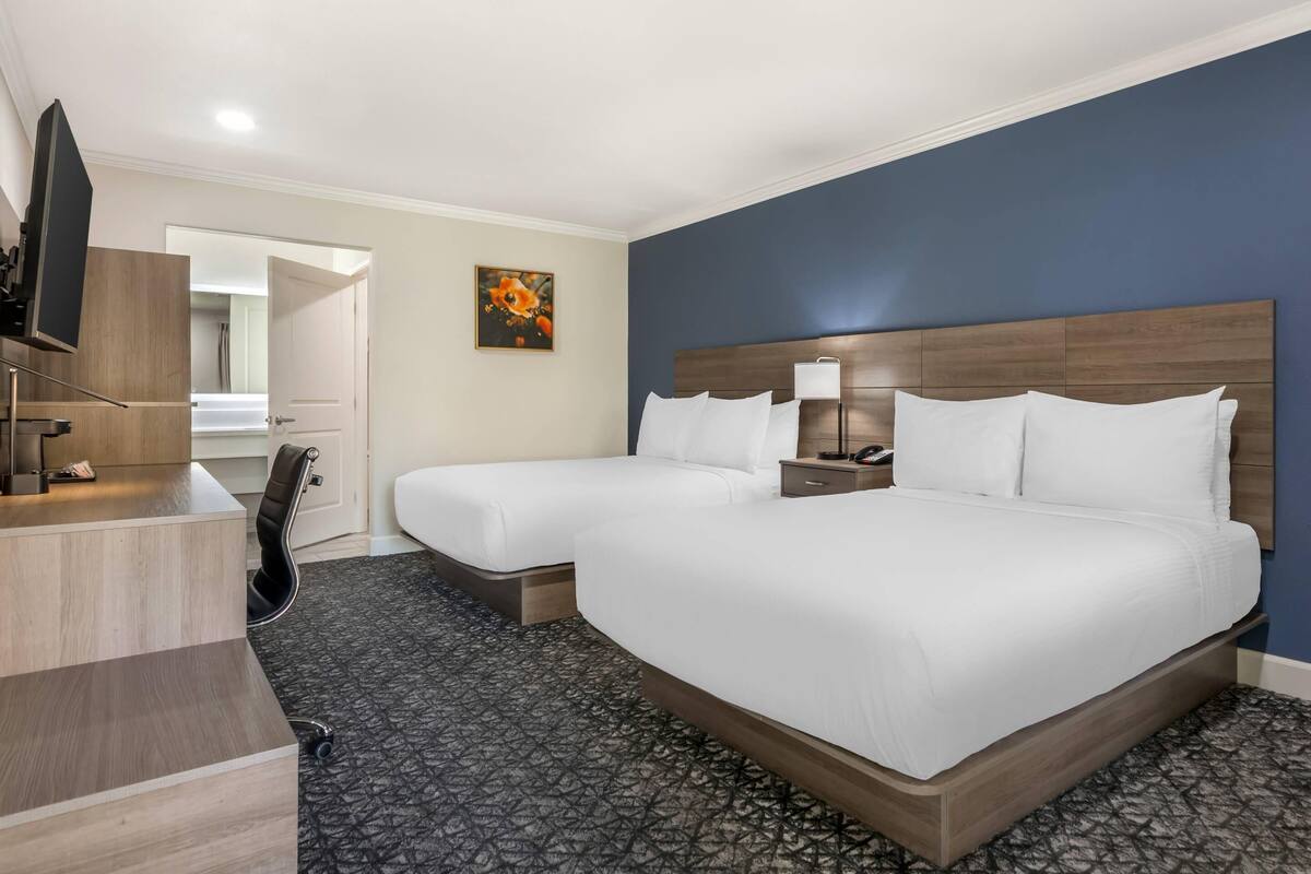 Quarto de hotel com duas camas, uma escrivaninha, uma cadeira, uma televisão e um quadro na parede.