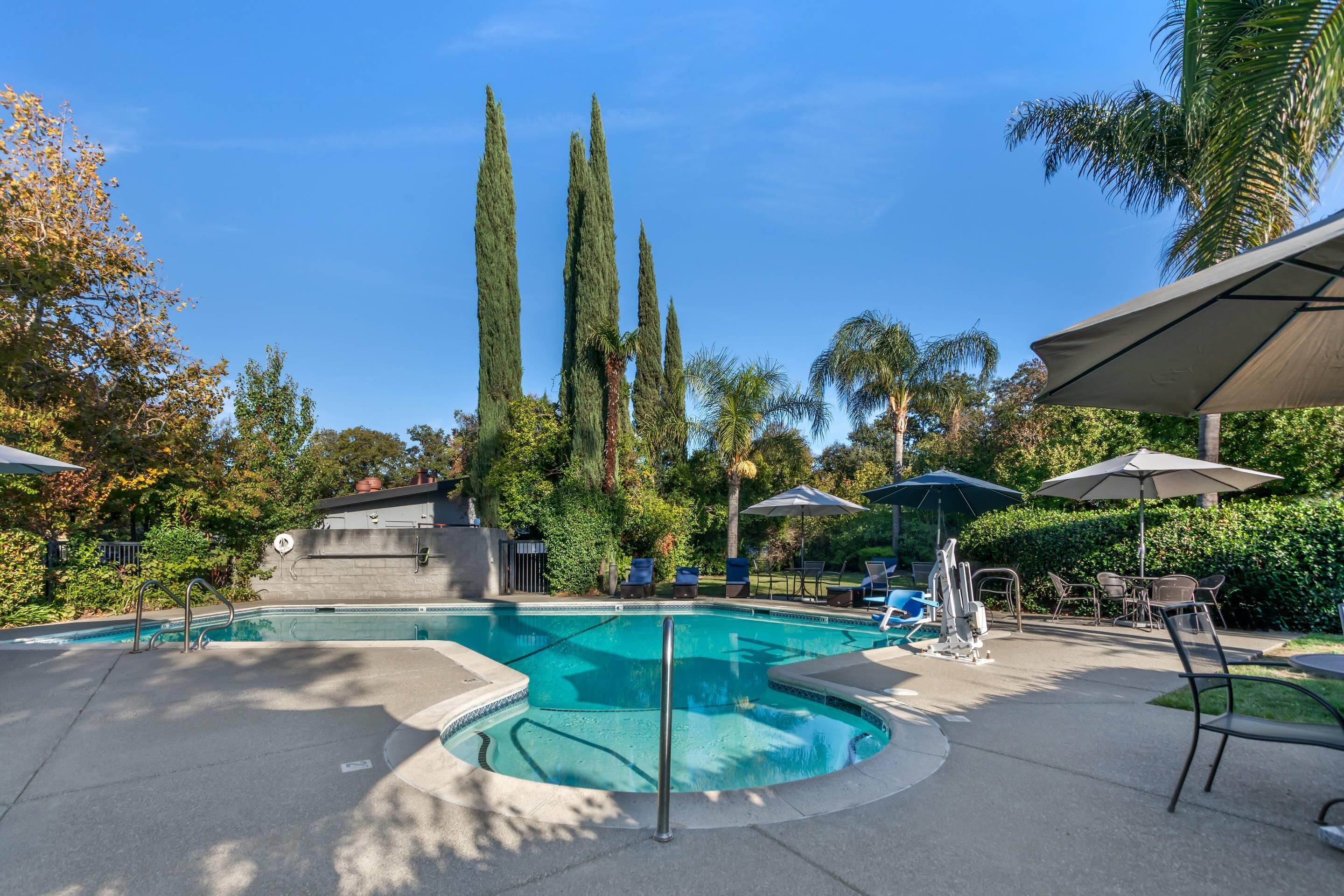 A pool area with lounge chairs and umbrellas, surrounded by trees and a clear sky.