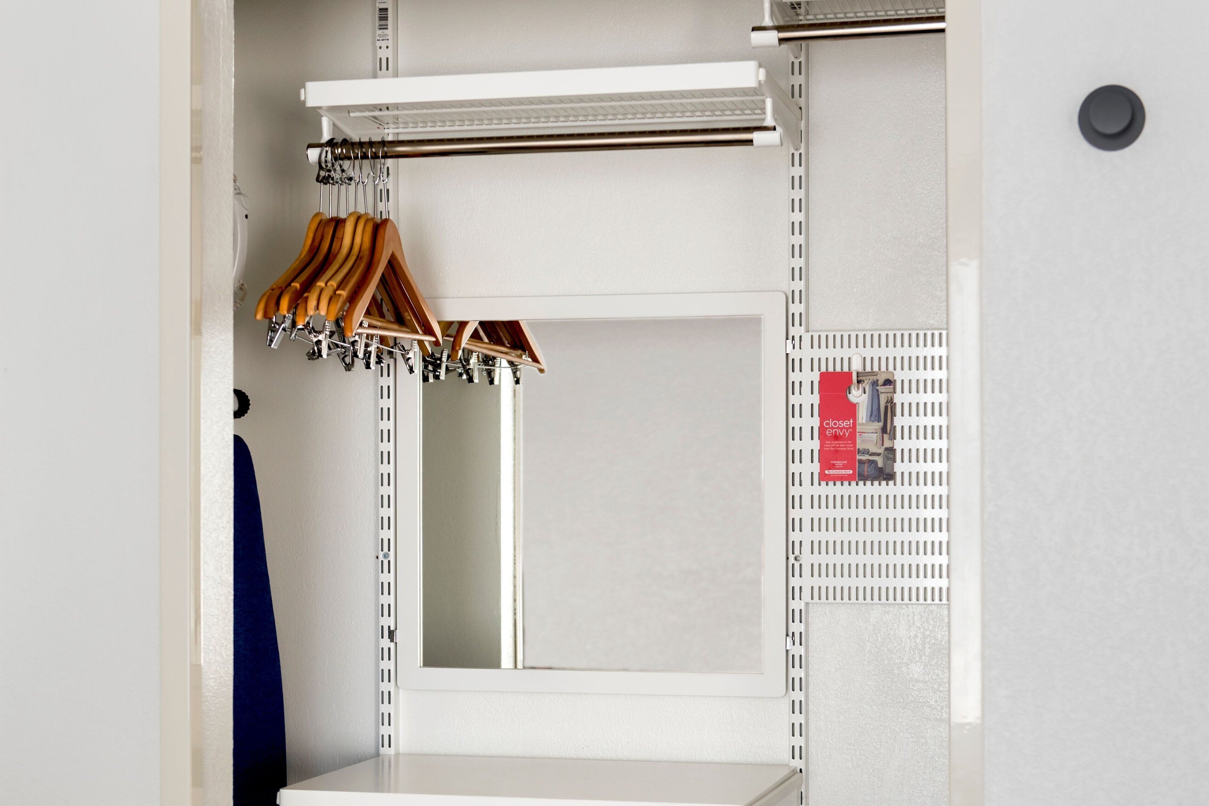 premium bedding, desk, blackout curtains, iron/ironing board