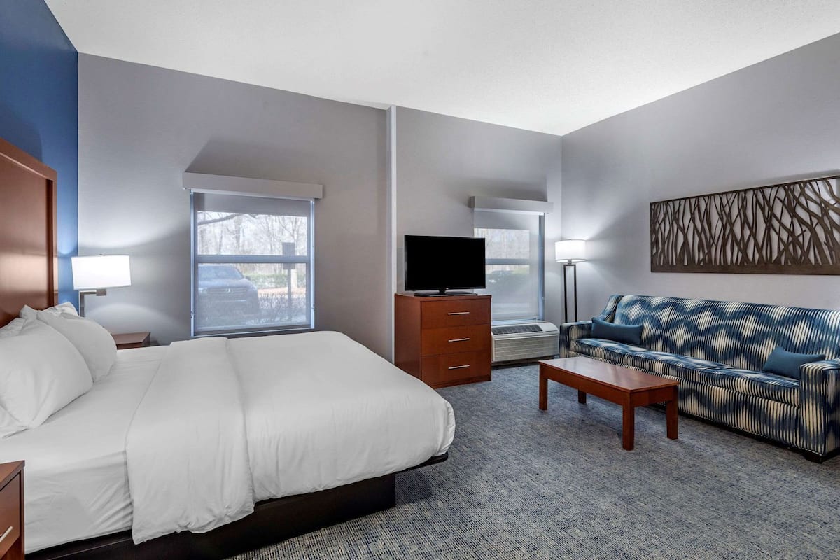 Une chambre d’hôtel avec un lit, un canapé, une télévision, une commode et une fenêtre.