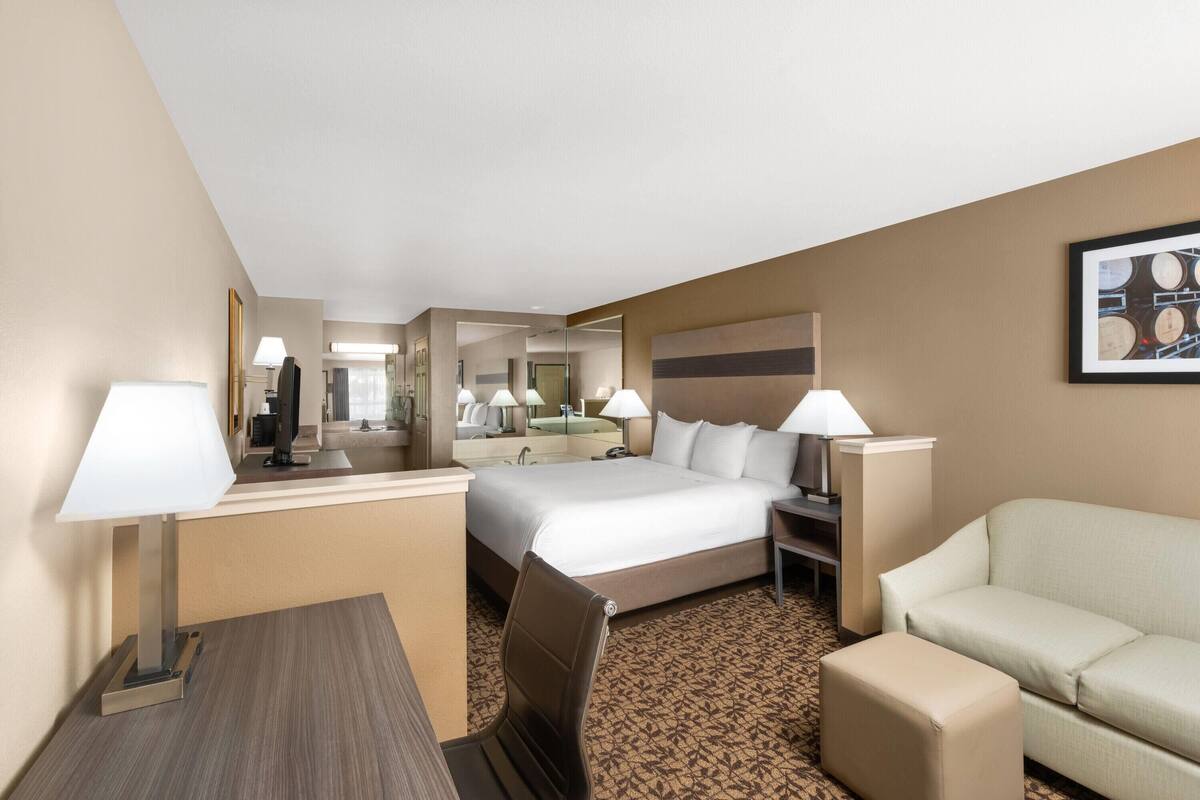 Une chambre d’hôtel comprenant un lit, un bureau, une chaise, un canapé et un miroir.
