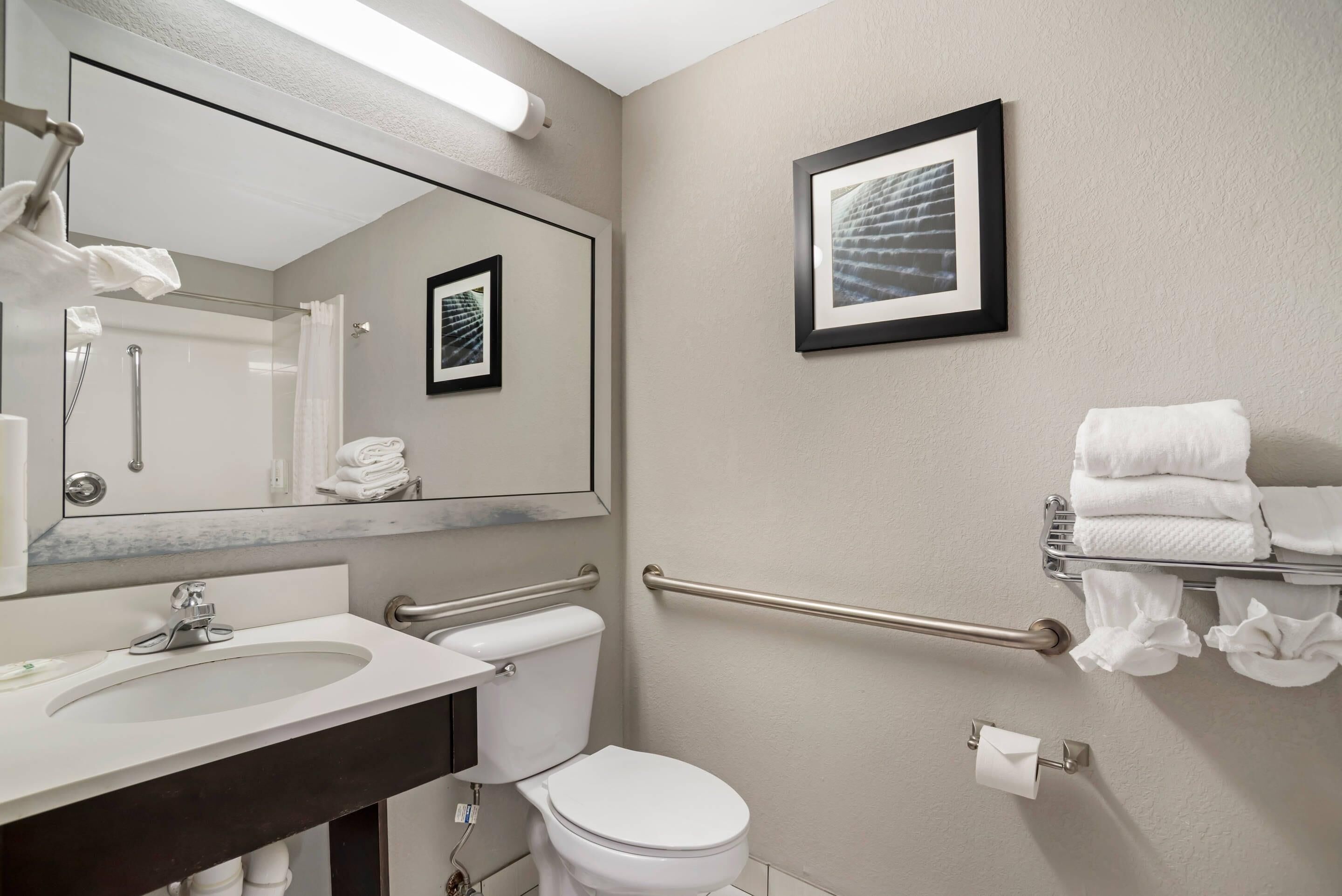 A bathroom with a sink, toilet, and handrails.