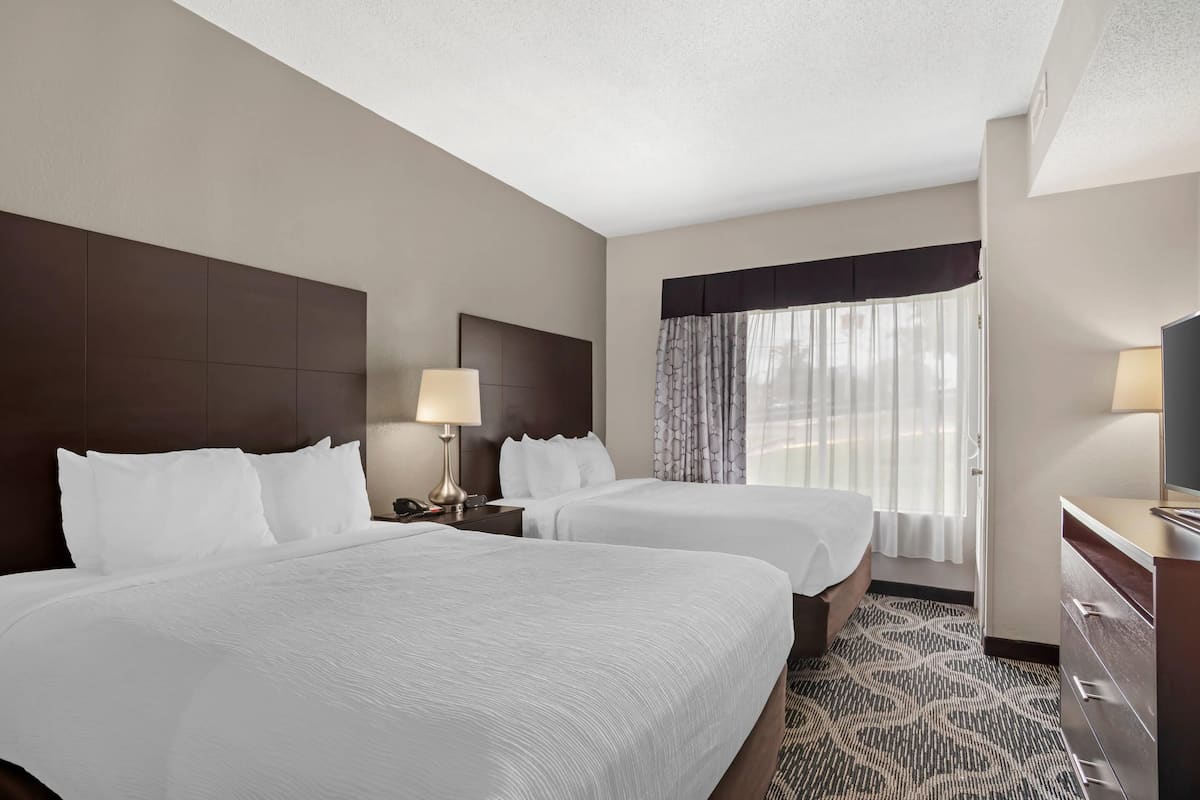Suite, 2 Queen Beds, Accessible, Non Smoking | Desk, laptop workspace, blackout drapes, iron/ironing board