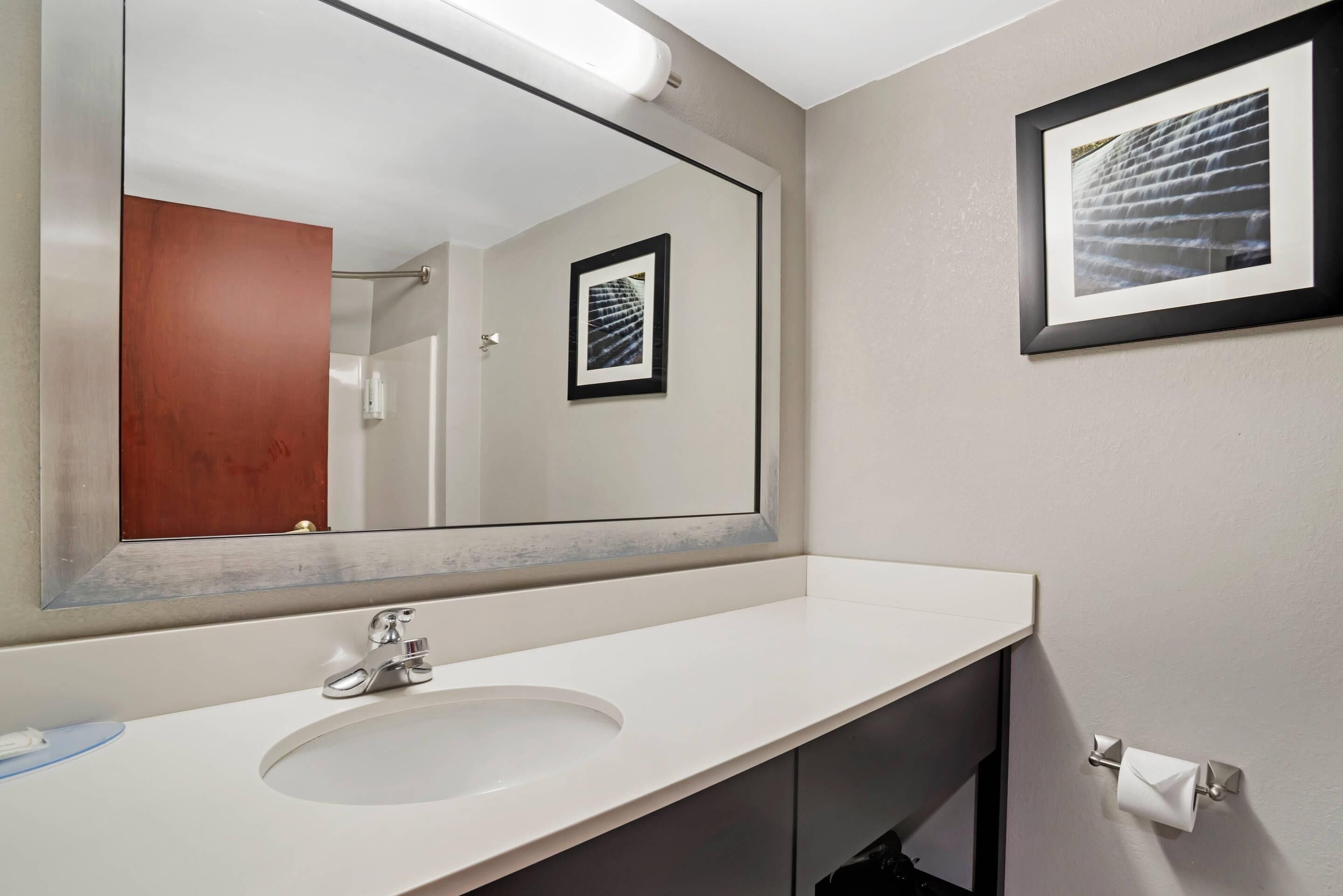 Une salle de bain avec un grand miroir, un lavabo et un tableau encadré au mur.