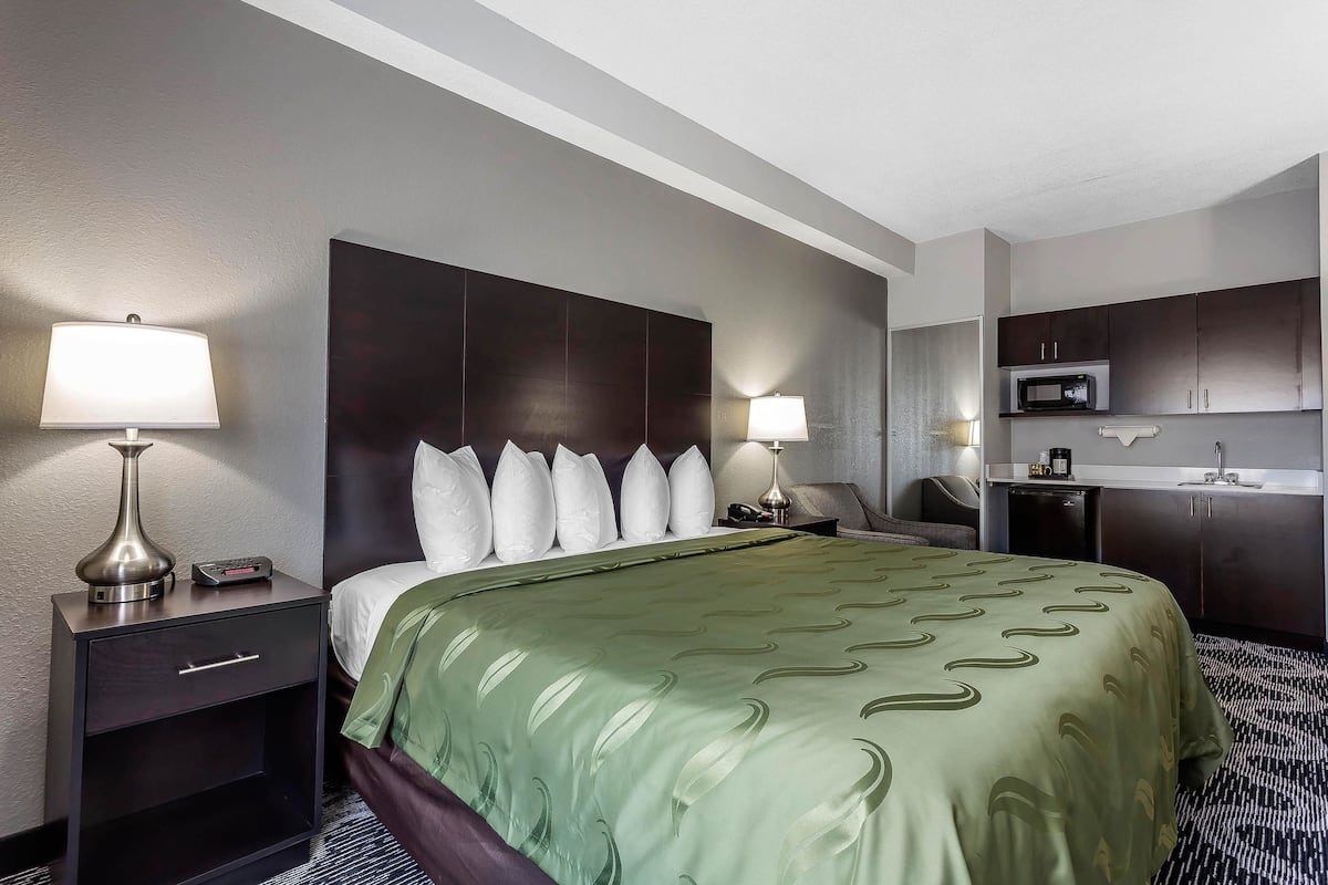 Suite, 1 King Bed, Non Smoking | Desk, laptop workspace, blackout drapes, iron/ironing board