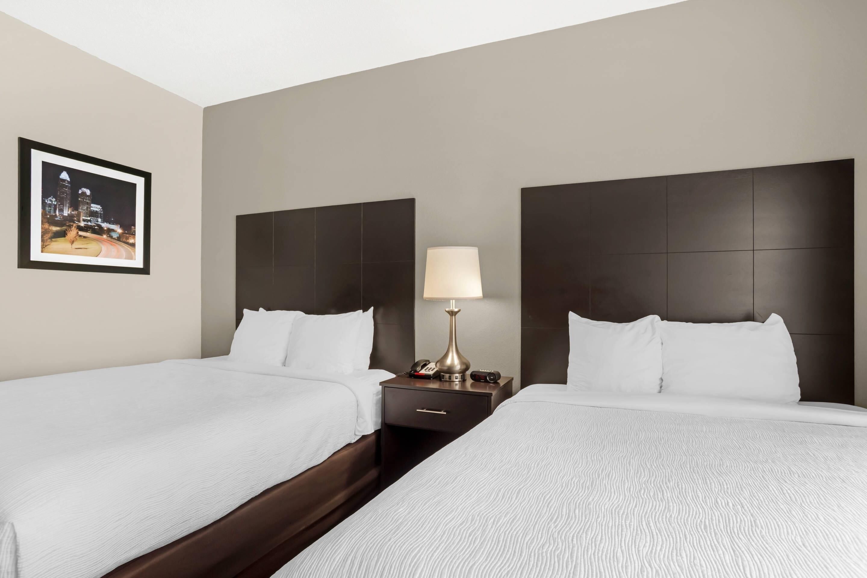 Habitación de hotel con dos camas, una mesita de noche con lámpara y un cuadro en la pared.