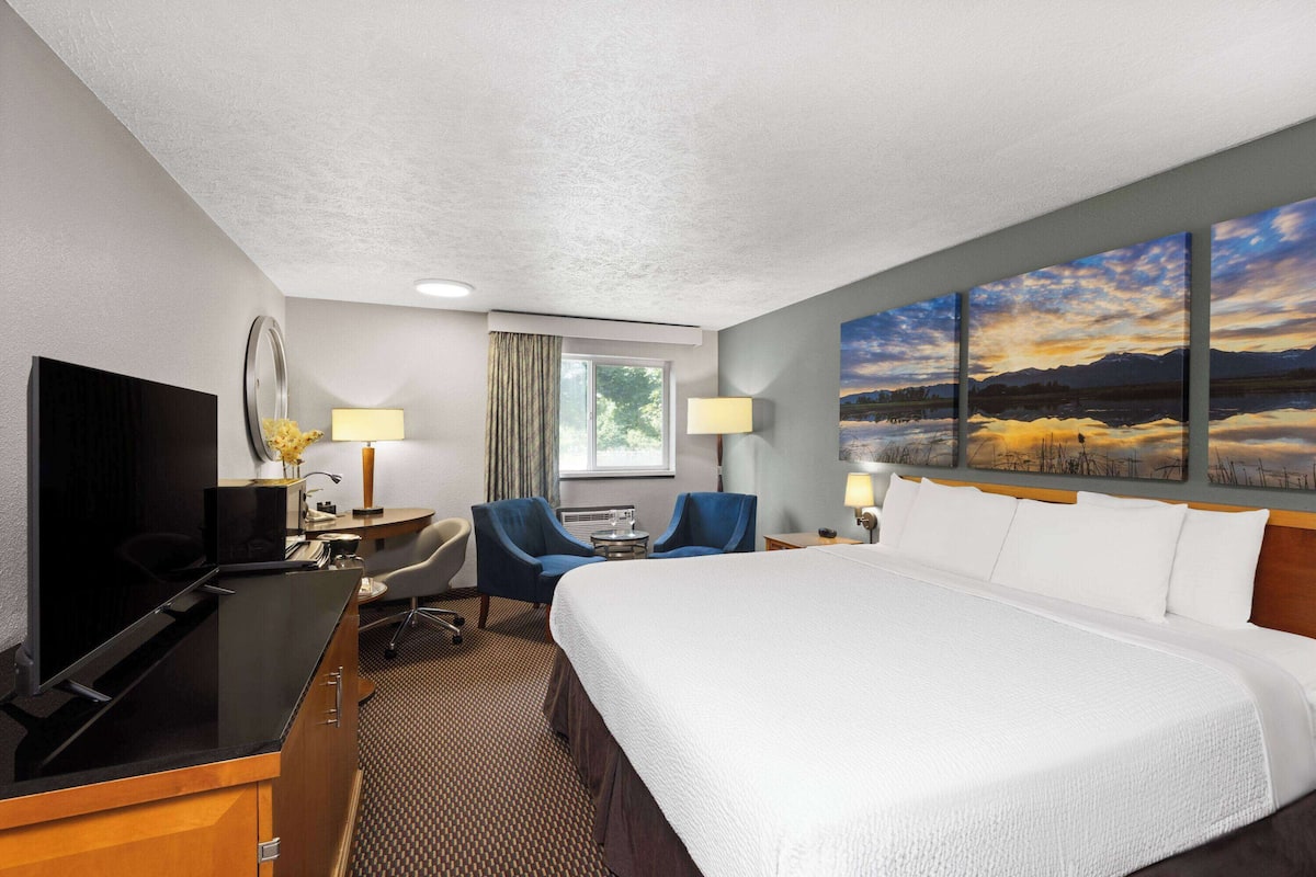 A hotel room with a large bed, a desk with a TV, two chairs, a window with curtains, and a painting of a landscape.