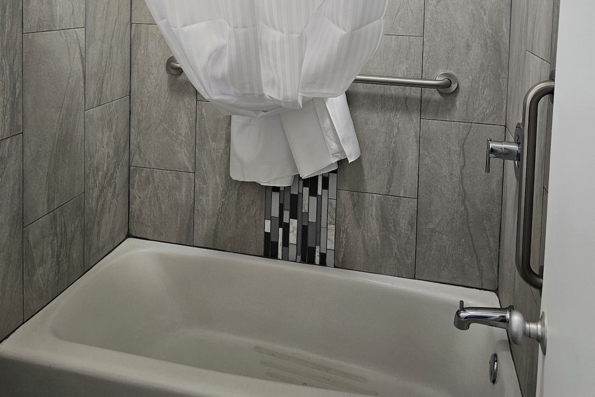 Combined shower/tub, free toiletries, hair dryer, towels