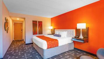 Desk, laptop workspace, blackout drapes, iron/ironing board