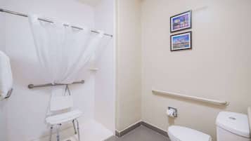 Un baño con ducha, inodoro y barra de apoyo.