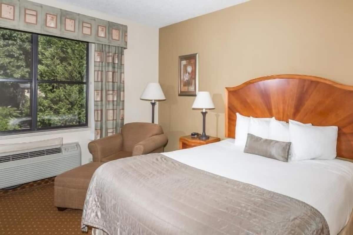 A hotel room with a large bed, two bedside lamps, a chair, a window with a view, and a framed picture on the wall.