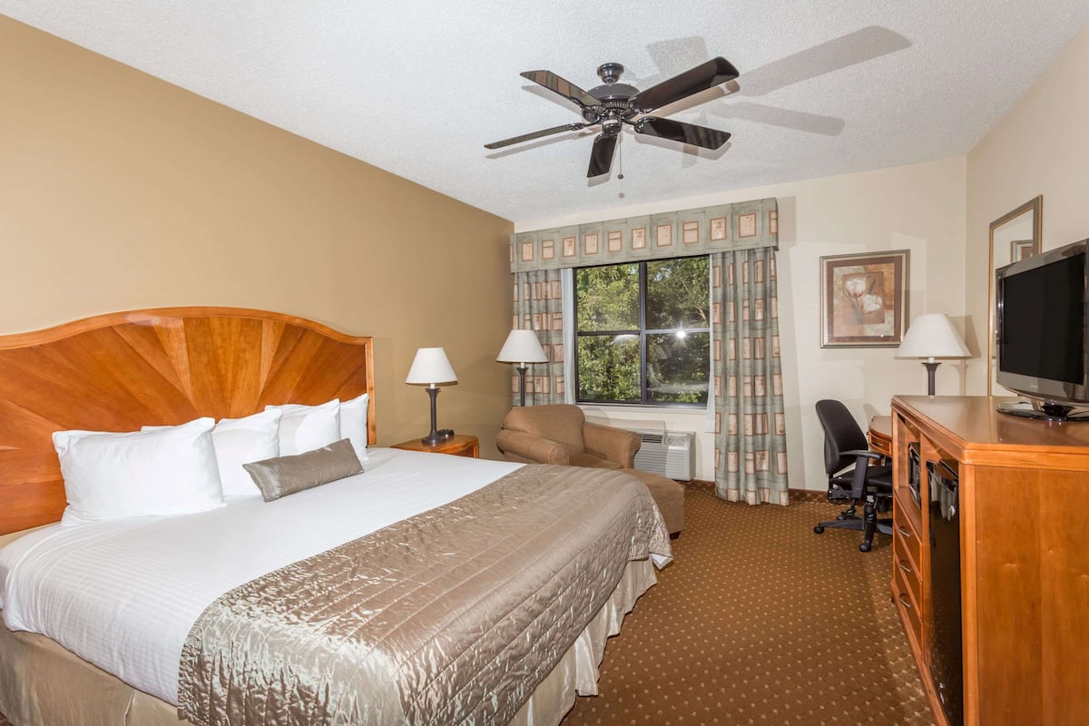 A hotel room with a large bed, a desk with a computer, a chair, a television, and a ceiling fan.