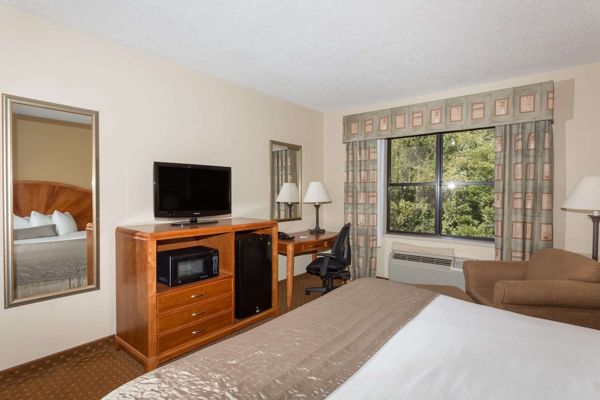 A hotel room with a bed, a desk with a computer, a television, a microwave, and a chair.