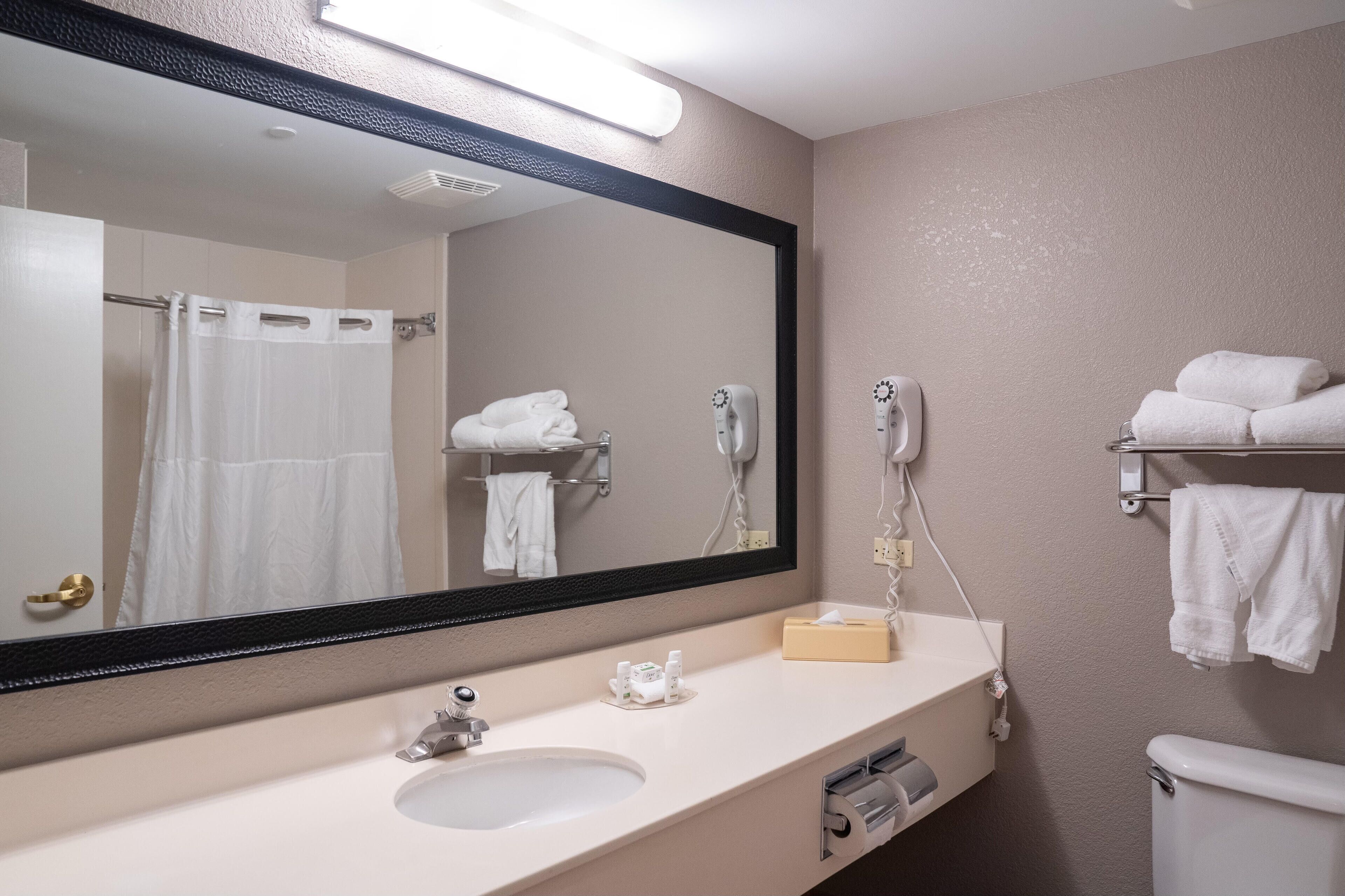 combined shower/bathtub, free toiletries, hair dryer, towels