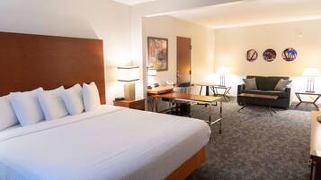 Premium bedding, pillowtop beds, desk, laptop workspace