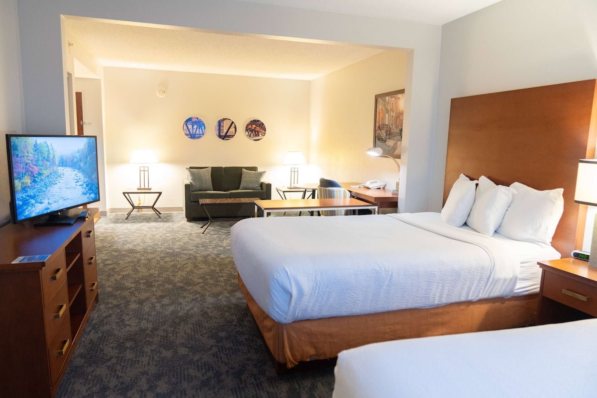 Een hotelkamer met een groot bed, een bureau, een stoel, een televisie en een bank.