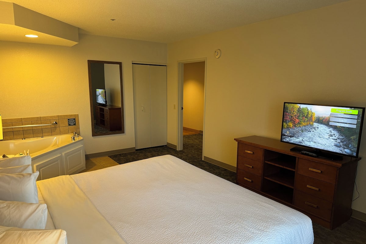 Een hotelkamer met een bed, een televisie, een badkamer en een kledingkast.