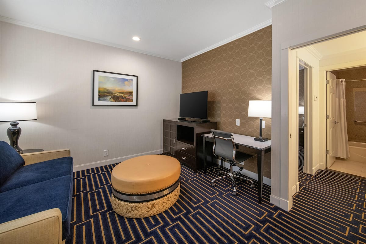 A hotel room with a sofa, a desk, a television, a patterned carpet, and a bathroom door.