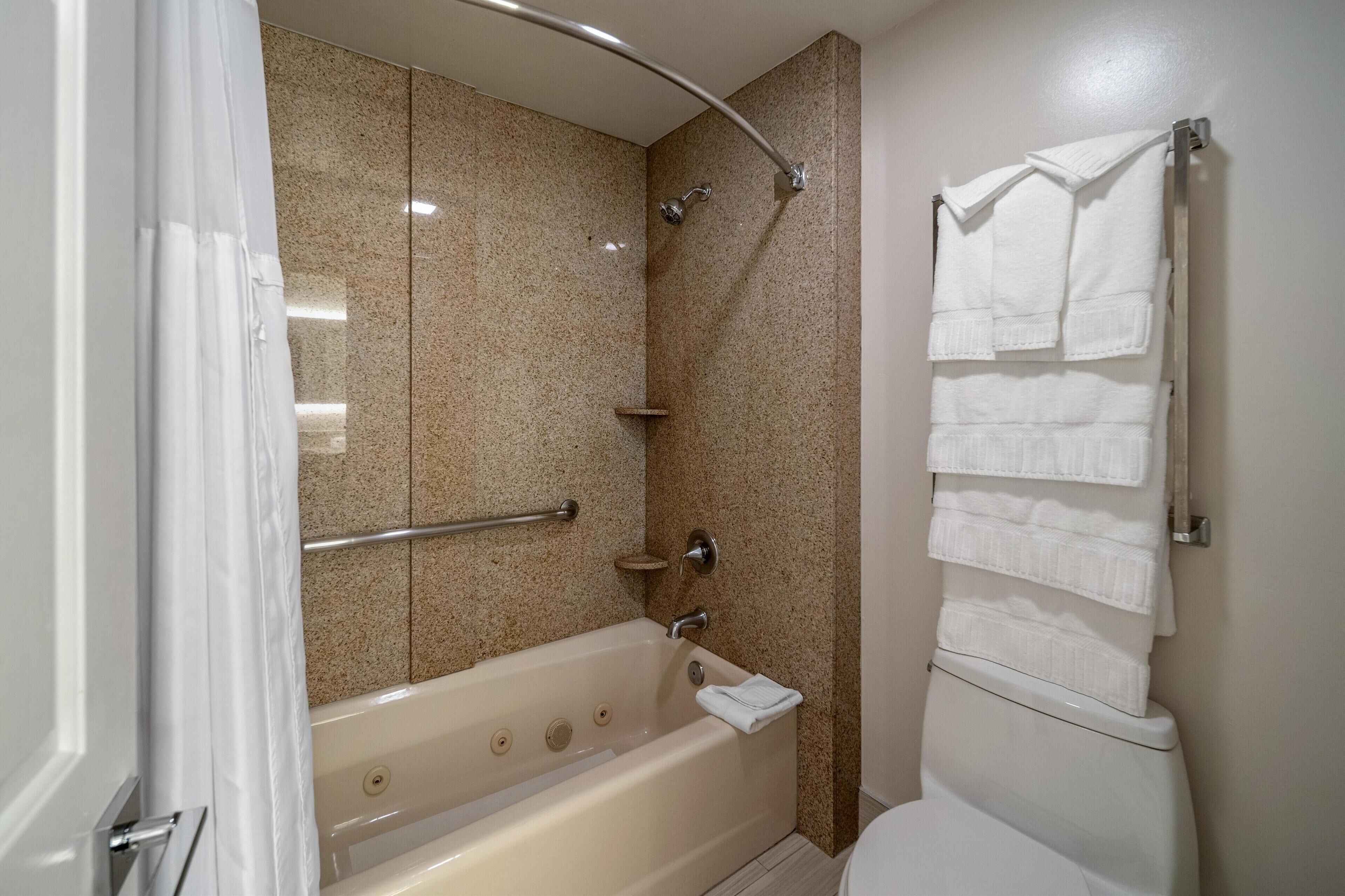 combined shower/bathtub, free toiletries, hair dryer, towels