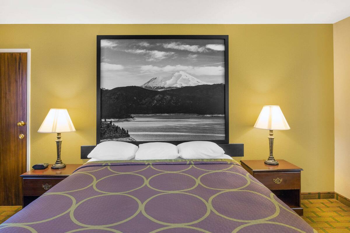 A hotel room with a bed, two bedside lamps, a framed picture of a mountain, and a door.