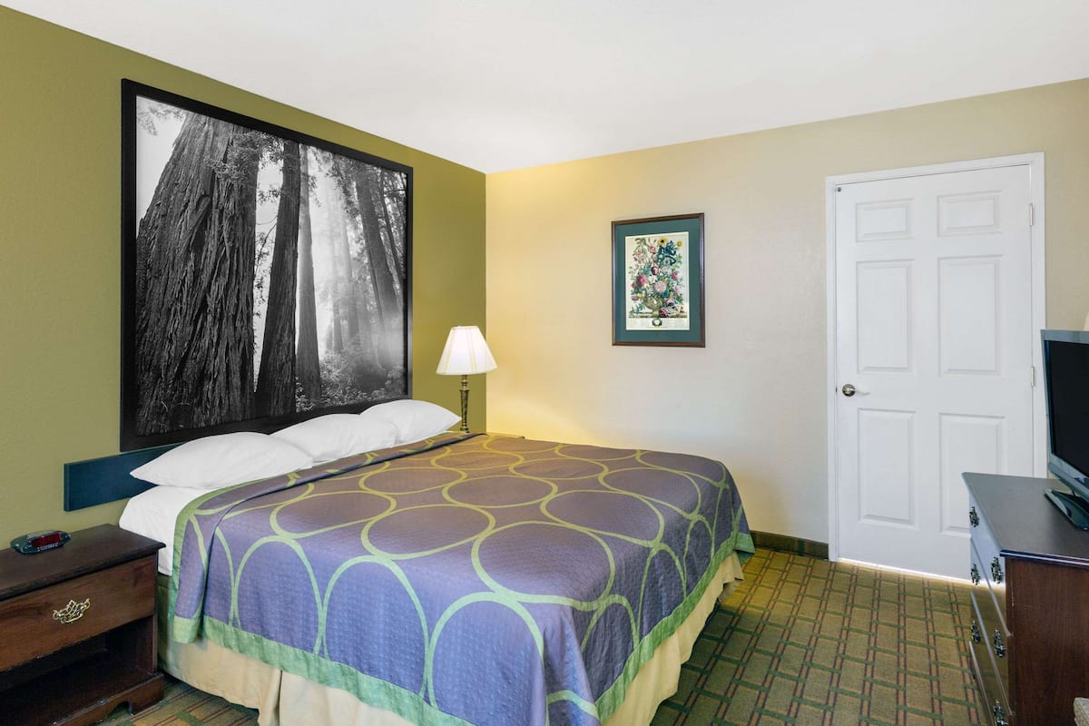 A hotel room with a bed, a nightstand, a lamp, a framed picture, a television, and a door.