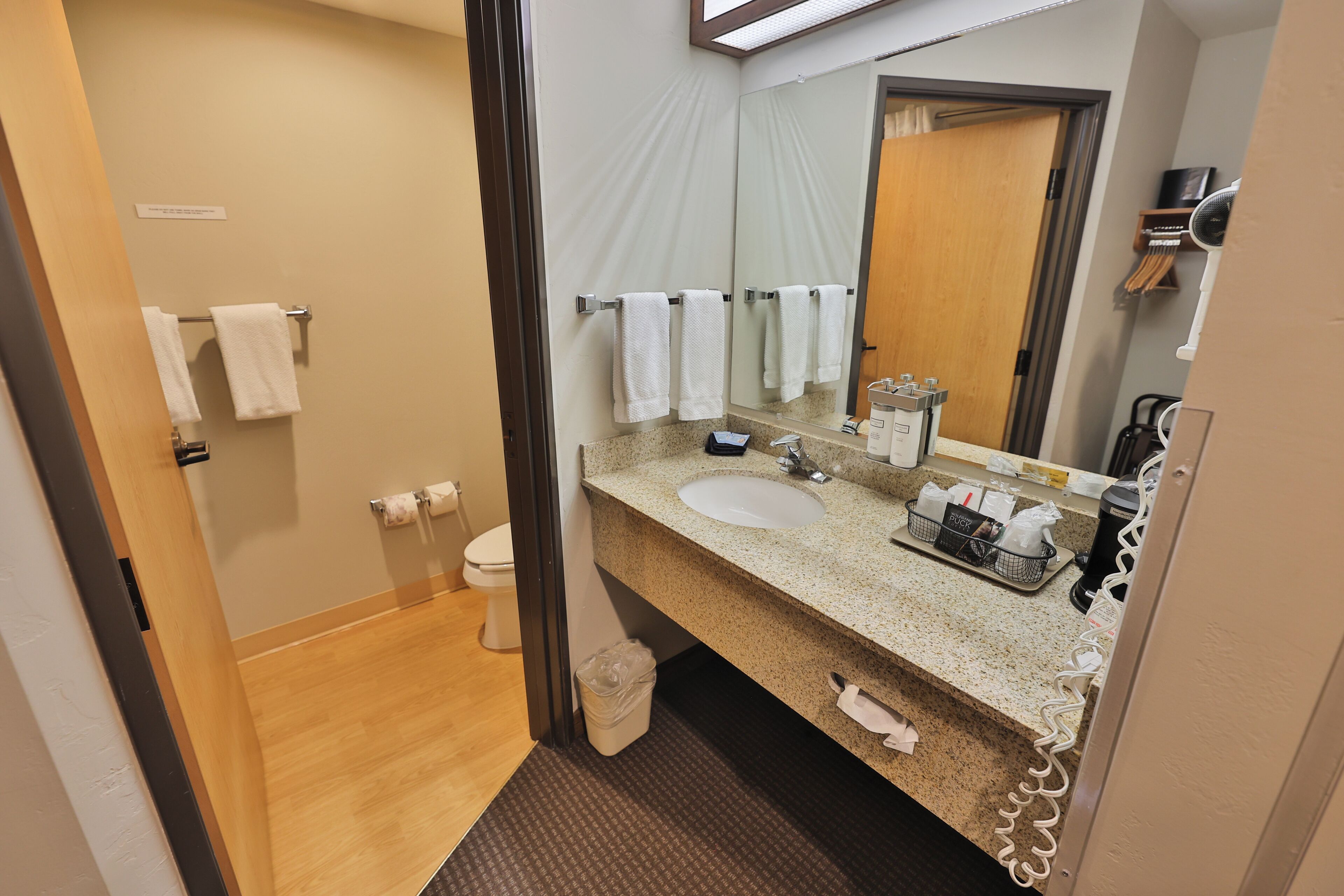 A hotel bathroom with a sink, mirror, towel rack, and toilet.