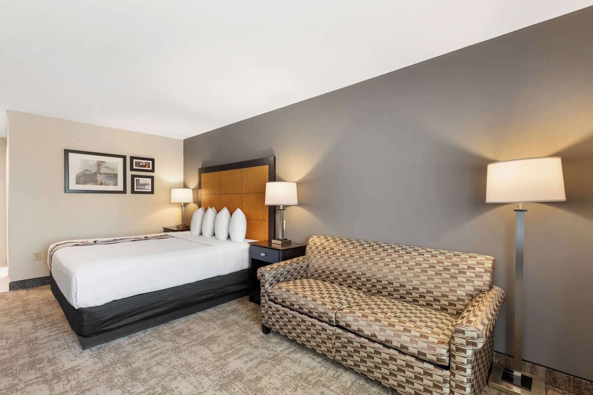 A hotel room with a bed, a patterned sofa, two bedside lamps, and a headboard.