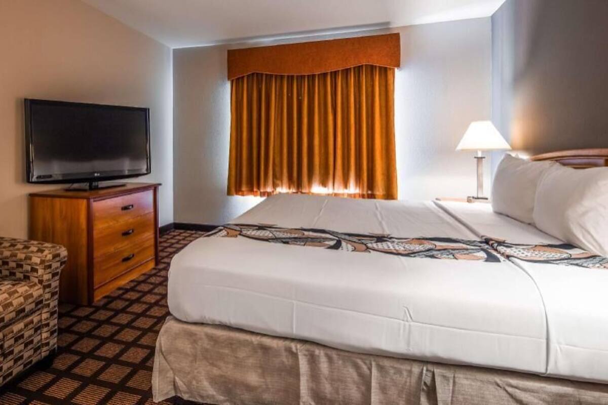 A hotel room with a bed, a television, a chair, a dresser, and a window with curtains.