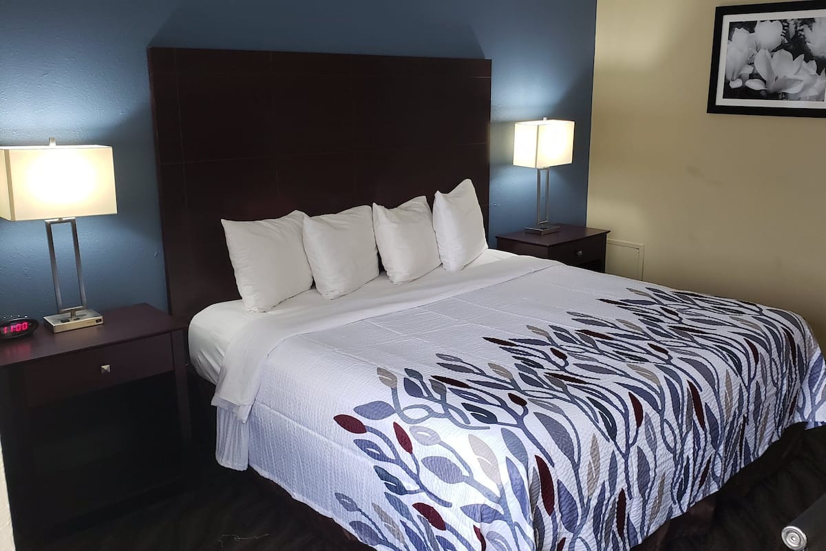A hotel room with a large bed, two bedside tables with lamps, a clock, and a framed picture on the wall.