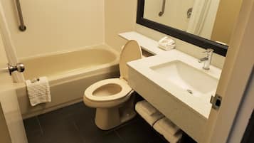 Combined shower/tub, free toiletries, hair dryer, towels